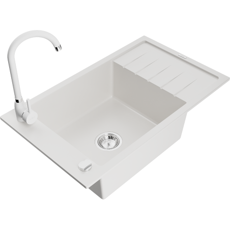 Mexen Elias zlewozmywak granitowy 1-komorowy z ociekaczem i baterią kuchenną Telma, biały - 6511-20-670200-20