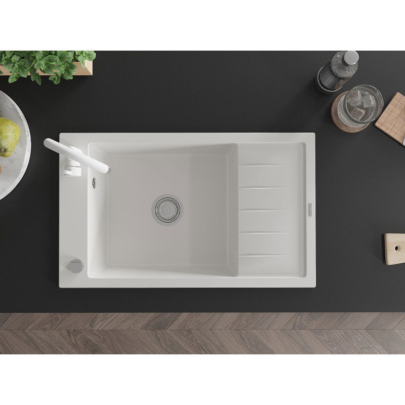 Mexen Elias zlewozmywak granitowy 1-komorowy z ociekaczem i baterią kuchenną Telma, biały - 6511-20-670200-20