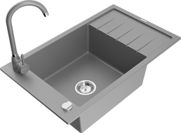Mexen Elias zlewozmywak granitowy 1-komorowy z ociekaczem i baterią kuchenną Telma, szary - 6511-71-670200-71