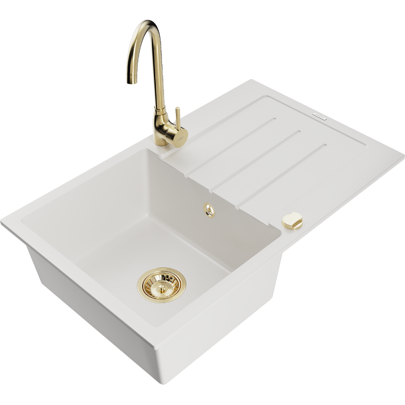 Mexen Bruno zlewozmywak granitowy 1-komorowy z ociekaczem i baterią kuchenną Telma, biały - 6513-20-670200-50