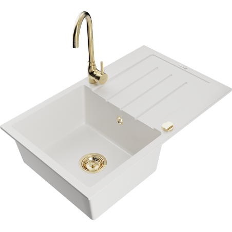 Mexen Bruno zlewozmywak granitowy 1-komorowy z ociekaczem i baterią kuchenną Telma, biały - 6513-20-670200-50