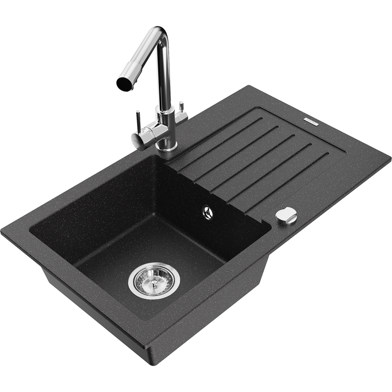 Mexen Pablo zlewozmywak granitowy 1-komorowy z ociekaczem i baterią kuchenną Duero, czarny/srebrny metalik - 6510-73-671600-00