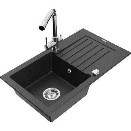Mexen Pablo zlewozmywak granitowy 1-komorowy z ociekaczem i baterią kuchenną Duero, czarny/srebrny metalik - 6510-73-671600-00