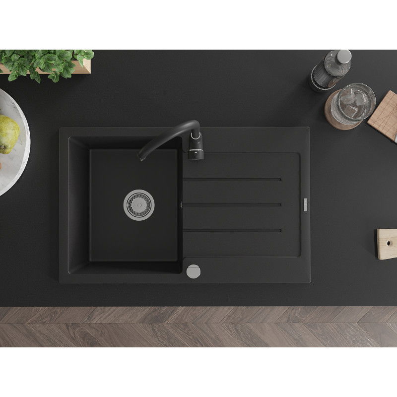 Mexen Bruno zlewozmywak granitowy 1-komorowy z ociekaczem i baterią kuchenną Telma, czarny - 6513-77-670200-70