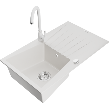 Mexen Cesar zlewozmywak granitowy 1-komorowy z ociekaczem i baterią kuchenną Telma, biały - 6514-20-670200-20