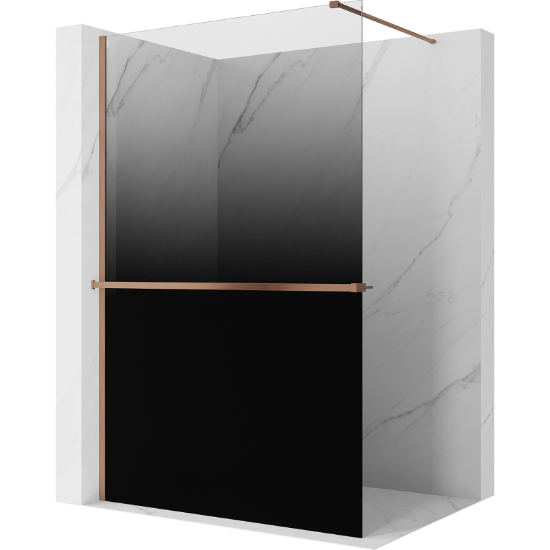 Mexen Kioto+ ścianka prysznicowa z półką Walk-in 130 x 200 cm, ombre czarna 8 mm, miedź szczotkowana - 800-130-121-65-76