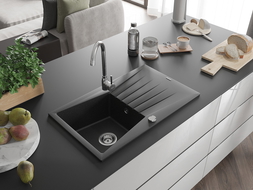 Mexen Cesar zlewozmywak granitowy 1-komorowy z ociekaczem i baterią kuchenną Telma, czarny/srebrny - 6514-73-670200-00