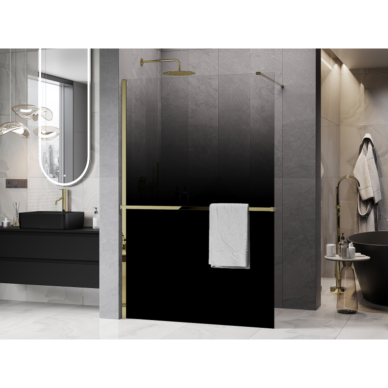Mexen Kioto+ ścianka prysznicowa z półką Walk-in 140 x 200 cm, ombre czarna 8 mm, złota - 800-140-121-50-76