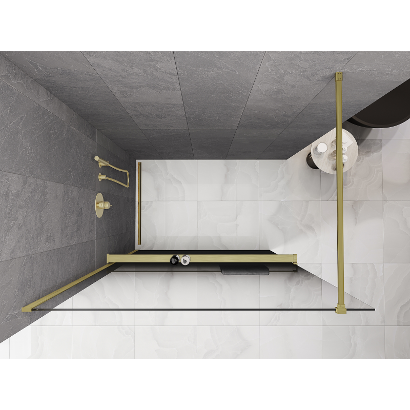 Mexen Kioto+ ścianka prysznicowa z półką Walk-in 70 x 200 cm, ombre czarna 8 mm, złota szczotkowana - 800-070-121-55-76