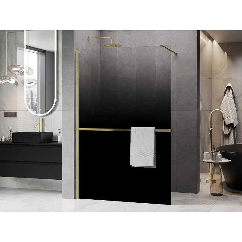 Mexen Kioto+ ścianka prysznicowa z półką Walk-in 90 x 200 cm, ombre czarna 8 mm, złota szczotkowana - 800-090-121-55-76