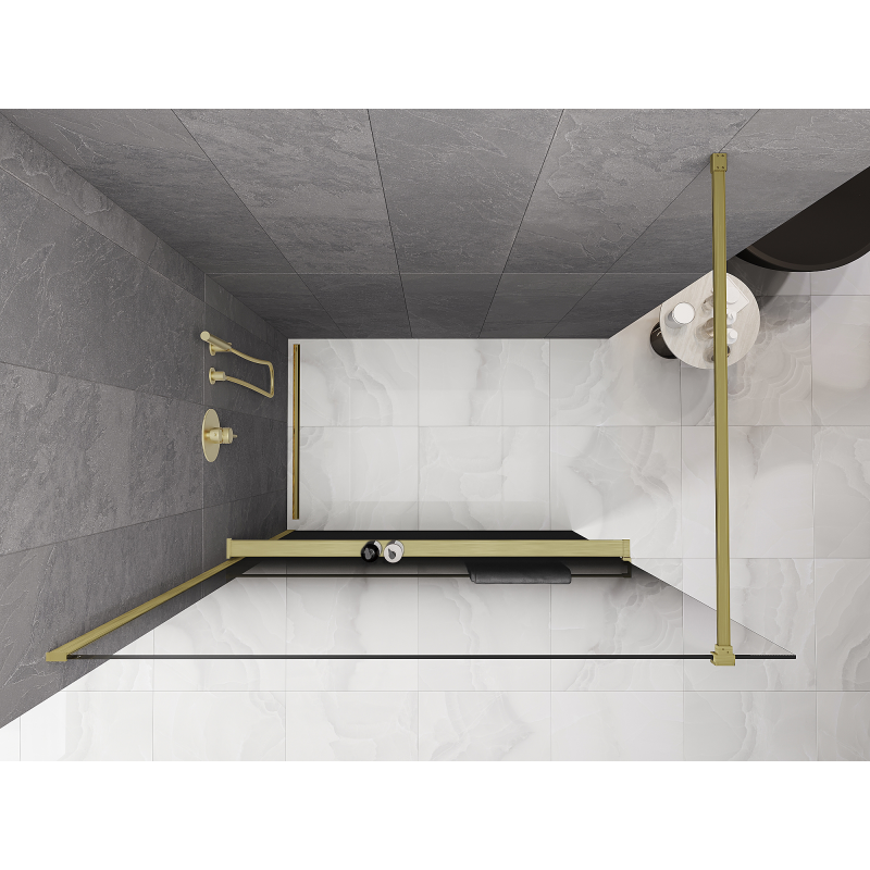 Mexen Kioto+ ścianka prysznicowa z półką Walk-in 140 x 200 cm, ombre czarna 8 mm, złota szczotkowana - 800-140-121-55-76