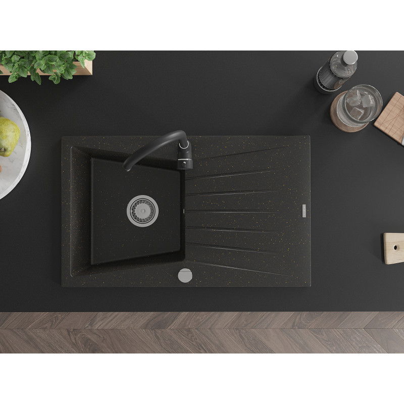 Mexen Cesar zlewozmywak granitowy 1-komorowy z ociekaczem i baterią kuchenną Telma, czarny/złoty - 6514-75-670200-70