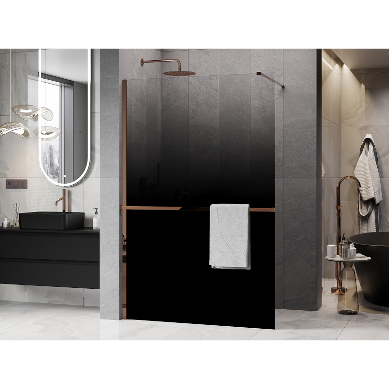 Mexen Kioto+ ścianka prysznicowa z półką Walk-in 150 x 200 cm, ombre czarna 8 mm, różowe złoto - 800-150-121-60-76