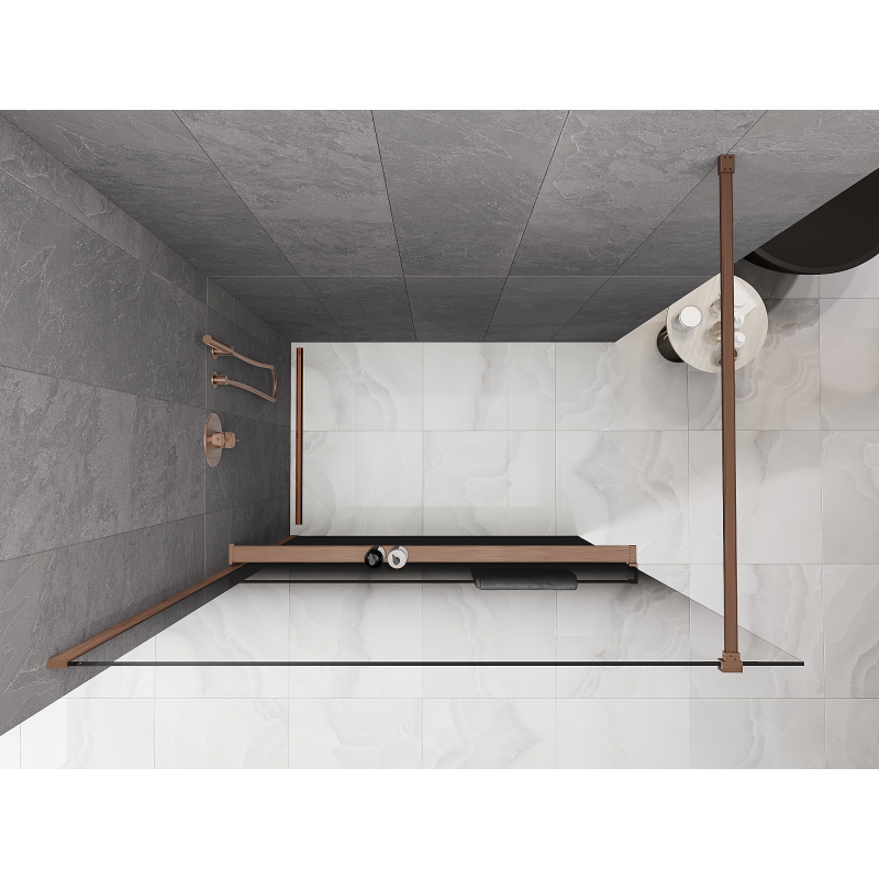 Mexen Kioto+ ścianka prysznicowa z półką Walk-in 90 x 200 cm, ombre czarna 8 mm, miedź szczotkowana - 800-090-121-65-76