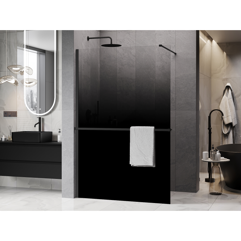 Mexen Kioto+ ścianka prysznicowa z półką Walk-in 90 x 200 cm, ombre czarna 8 mm, czarna - 800-090-121-70-76