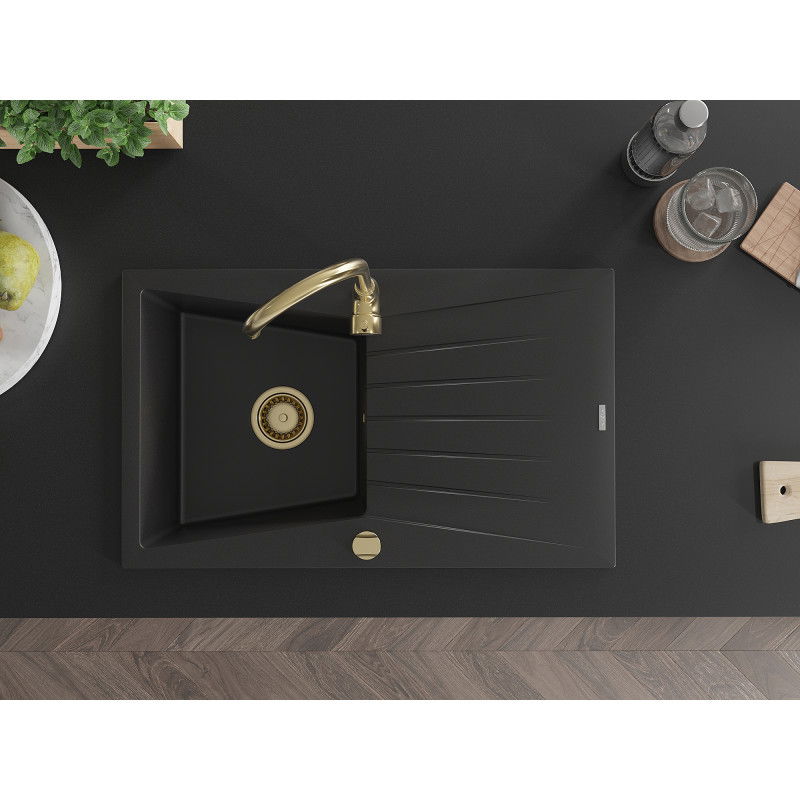 Mexen Cesar zlewozmywak granitowy 1-komorowy z ociekaczem i baterią kuchenną Telma, czarny - 6514-77-670200-50