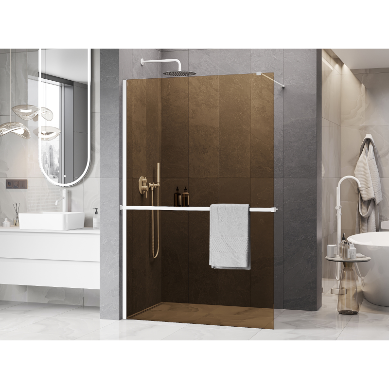 Mexen Kioto+ ścianka prysznicowa z półką Walk-in 100 x 200 cm, brąz 8 mm, biała - 800-100-121-20-32
