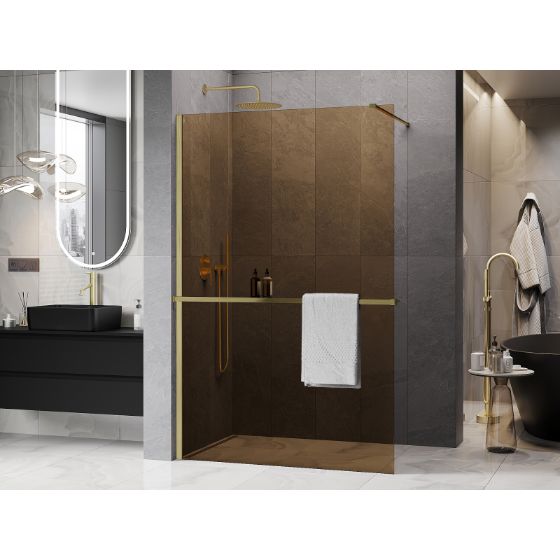 Mexen Kioto+ ścianka prysznicowa z półką Walk-in 100 x 200 cm, brąz 8 mm, złota szczotkowana - 800-100-121-55-32