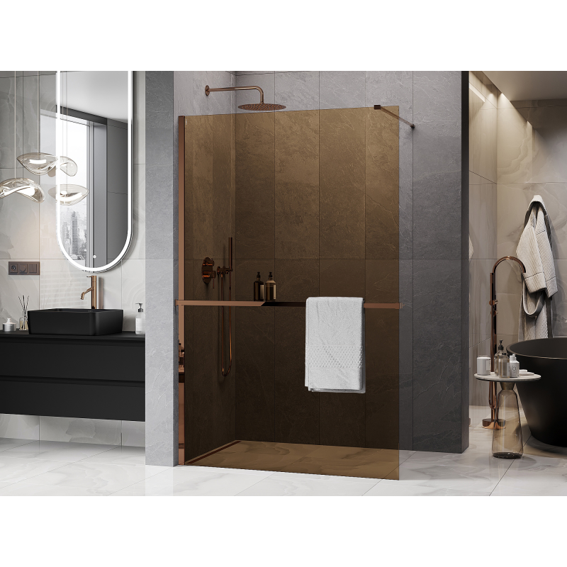 Mexen Kioto+ ścianka prysznicowa z półką Walk-in 100 x 200 cm, brąz 8 mm, różowe złoto - 800-100-121-60-32