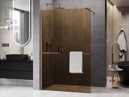 Mexen Kioto+ ścianka prysznicowa z półką Walk-in 90 x 200 cm, brąz 8 mm, miedź szczotkowana - 800-090-121-65-32