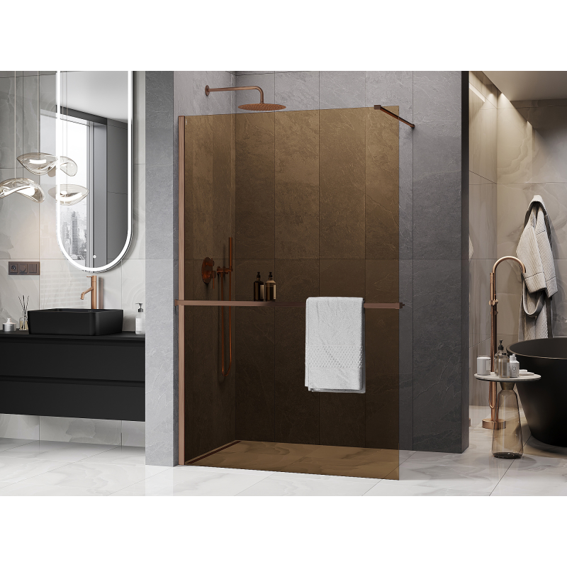Mexen Kioto+ ścianka prysznicowa z półką Walk-in 130 x 200 cm, brąz 8 mm, miedź szczotkowana - 800-130-121-65-32