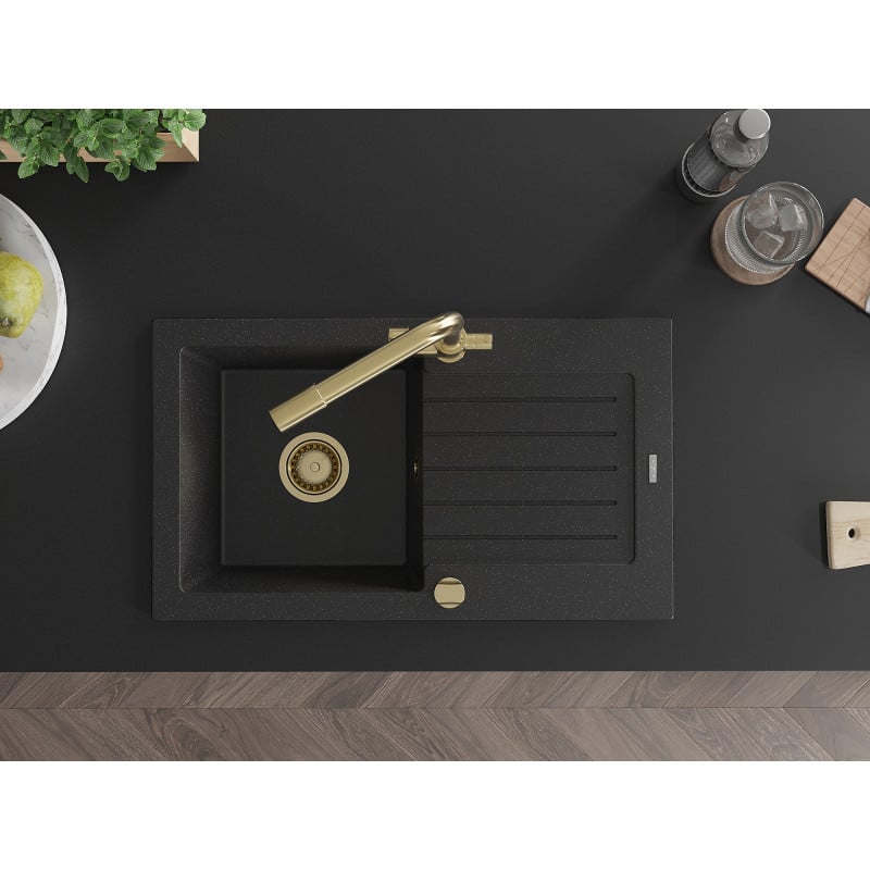 Mexen Pablo zlewozmywak granitowy 1-komorowy z ociekaczem i baterią kuchenną Duero, czarny/srebrny metalik - 6510-73-671600-50