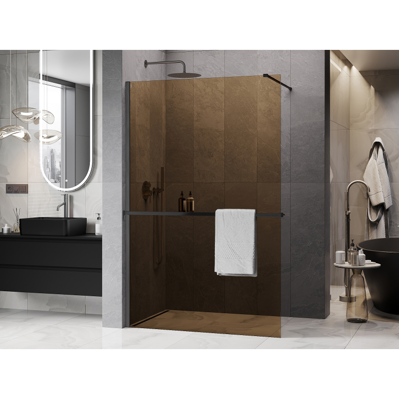 Mexen Kioto+ ścianka prysznicowa z półką Walk-in 130 x 200 cm, brąz 8 mm, gun gray szczotkowany - 800-130-121-66-32