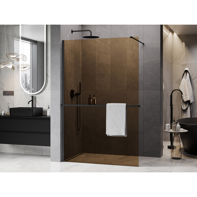 Mexen Kioto+ ścianka prysznicowa z półką Walk-in 100 x 200 cm, brąz 8 mm, czarna - 800-100-121-70-32