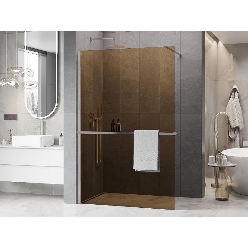 Mexen Kioto+ ścianka prysznicowa z półką Walk-in 100 x 200 cm, brąz 8 mm, nikiel szczotkowany - 800-100-121-97-32