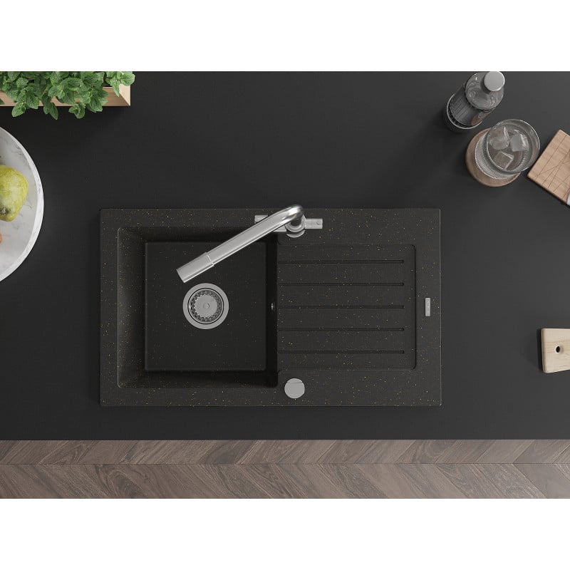 Mexen Pablo zlewozmywak granitowy 1-komorowy z ociekaczem i baterią kuchenną Duero, czarny/złoty metalik - 6510-75-671600-00