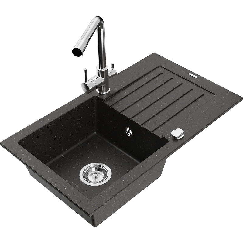 Mexen Pablo zlewozmywak granitowy 1-komorowy z ociekaczem i baterią kuchenną Duero, czarny/złoty metalik - 6510-75-671600-00