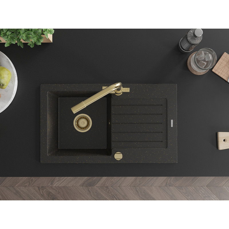 Mexen Pablo zlewozmywak granitowy 1-komorowy z ociekaczem i baterią kuchenną Duero, czarny/złoty metalik - 6510-75-671600-50