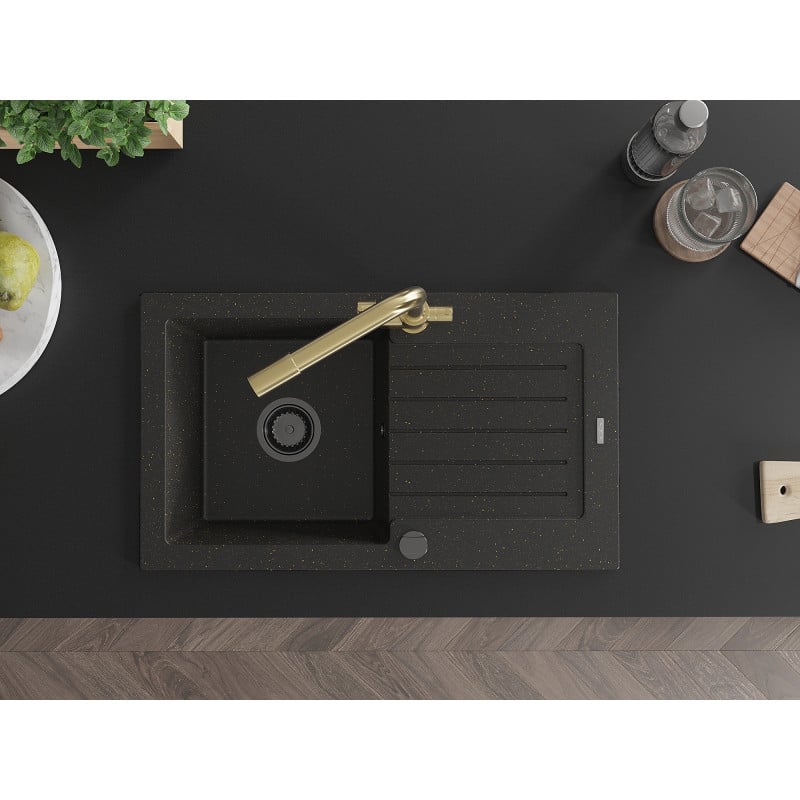 Mexen Pablo zlewozmywak granitowy 1-komorowy z ociekaczem i baterią kuchenną Duero, czarny/złoty metalik - 6510-75-671600-50-B