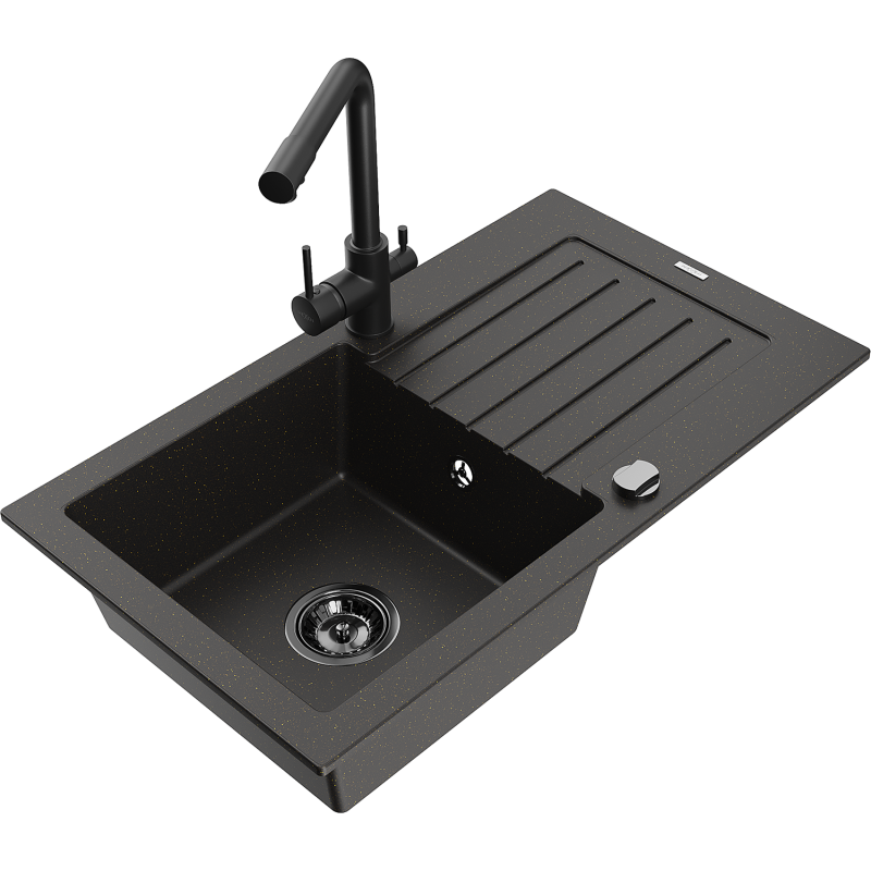 Mexen Pablo zlewozmywak granitowy 1-komorowy z ociekaczem i baterią kuchenną Duero, czarny/złoty metalik - 6510-75-671600-70-B