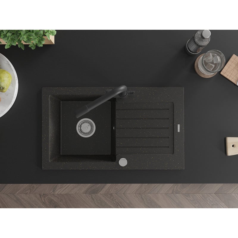 Mexen Pablo zlewozmywak granitowy 1-komorowy z ociekaczem i baterią kuchenną Duero, czarny/złoty metalik - 6510-75-671600-70