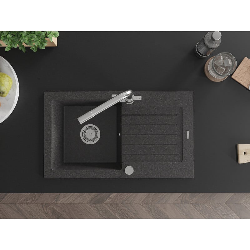 Mexen Pablo zlewozmywak granitowy 1-komorowy z ociekaczem i baterią kuchenną Duero, czarny nakrapiany - 6510-76-671600-00
