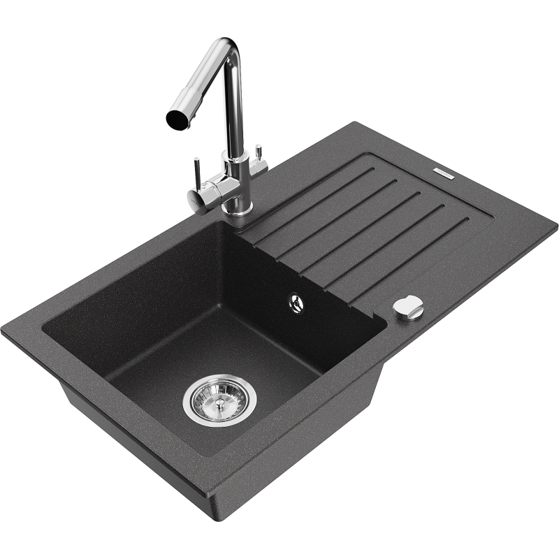 Mexen Pablo zlewozmywak granitowy 1-komorowy z ociekaczem i baterią kuchenną Duero, czarny nakrapiany - 6510-76-671600-00