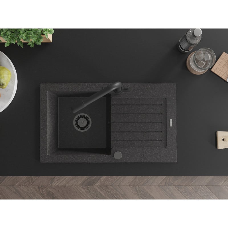 Mexen Pablo zlewozmywak granitowy 1-komorowy z ociekaczem i baterią kuchenną Duero, czarny nakrapiany - 6510-76-671600-70-B