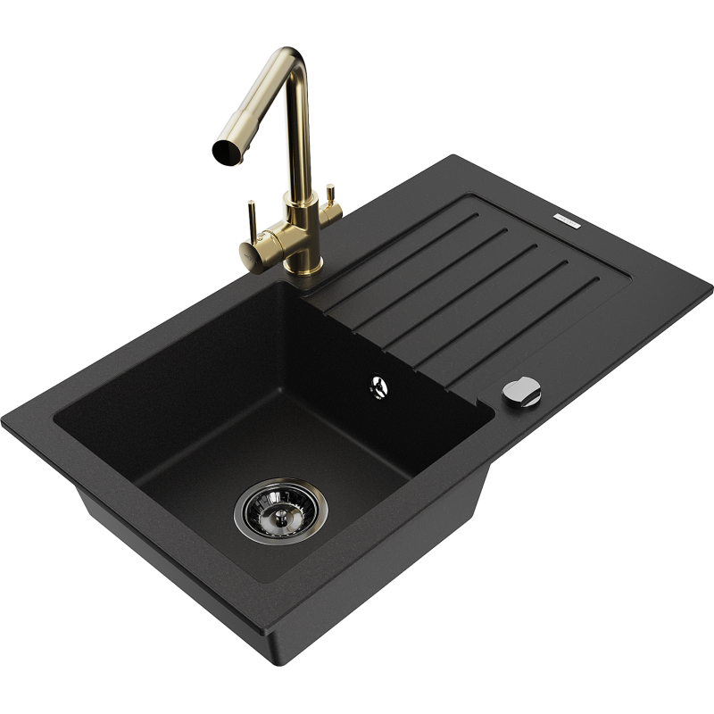 Mexen Pablo zlewozmywak granitowy 1-komorowy z ociekaczem i baterią kuchenną Duero, czarny - 6510-77-671600-50-B