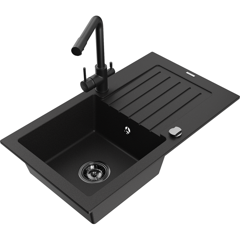 Mexen Pablo zlewozmywak granitowy 1-komorowy z ociekaczem i baterią kuchenną Duero, czarny - 6510-77-671600-70-B
