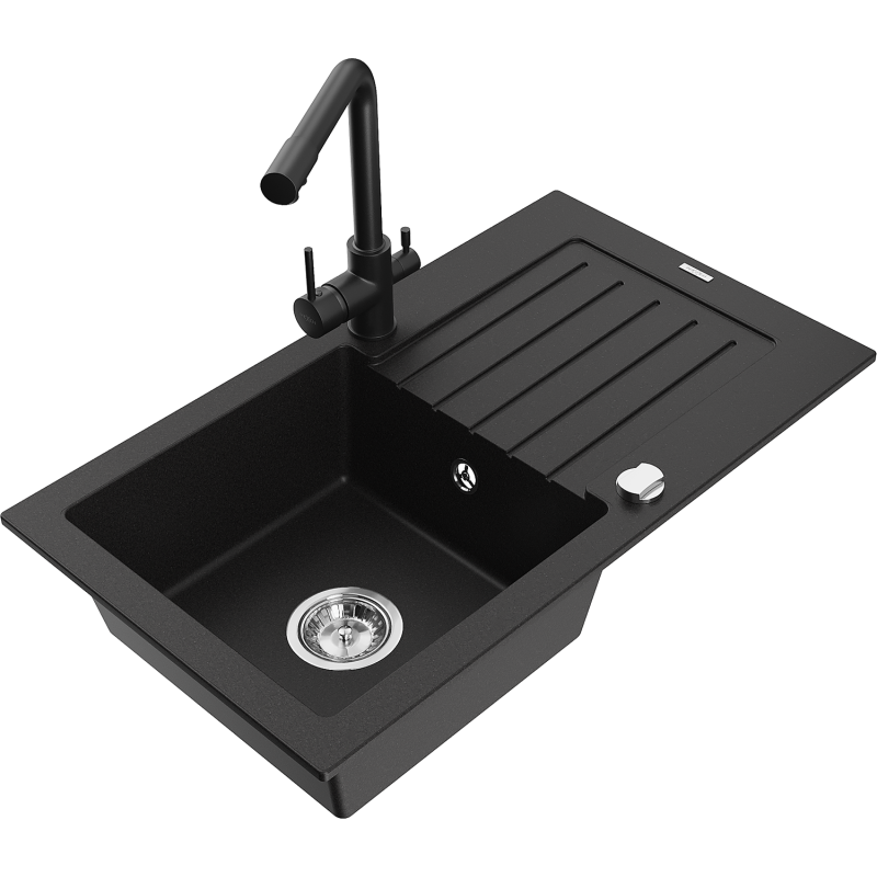 Mexen Pablo zlewozmywak granitowy 1-komorowy z ociekaczem i baterią kuchenną Duero, czarny - 6510-77-671600-70