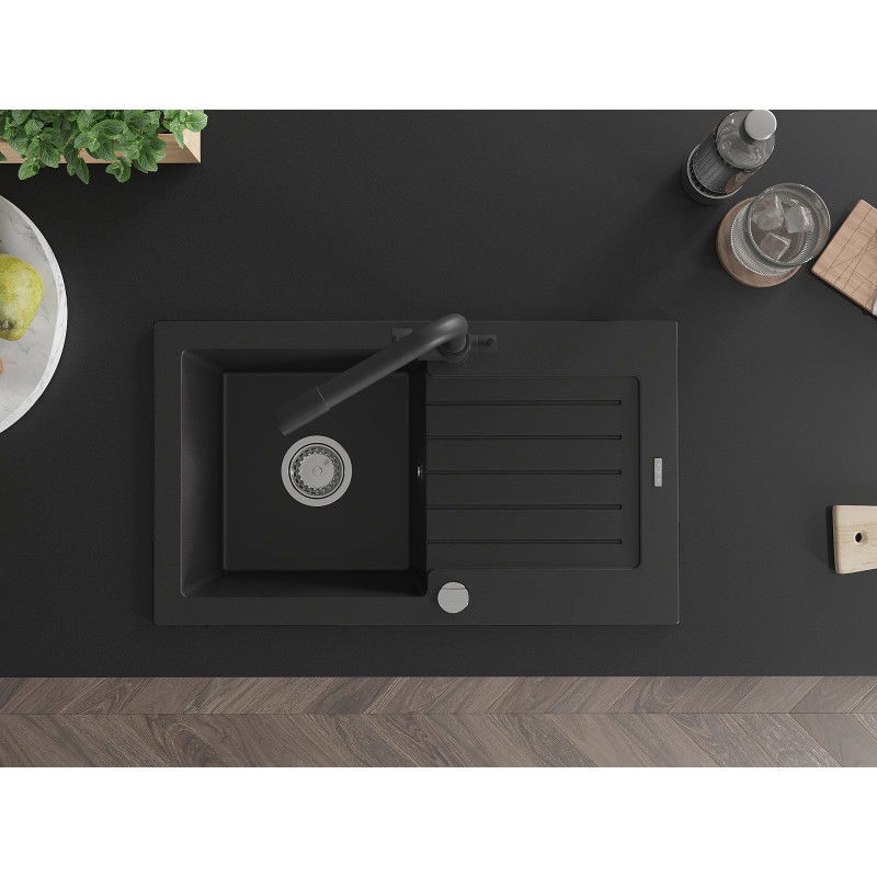 Mexen Pablo zlewozmywak granitowy 1-komorowy z ociekaczem i baterią kuchenną Duero, czarny - 6510-77-671600-70