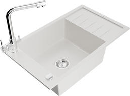 Mexen Elias zlewozmywak granitowy 1-komorowy z ociekaczem i baterią kuchenną Duero, biały - 6511-20-671600-00