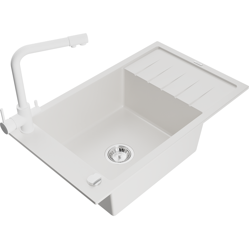 Mexen Elias zlewozmywak granitowy 1-komorowy z ociekaczem i baterią kuchenną Duero, biały - 6511-20-671600-20