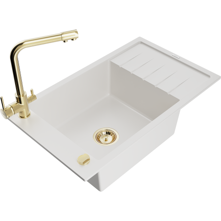 Mexen Elias zlewozmywak granitowy 1-komorowy z ociekaczem i baterią kuchenną Duero, biały - 6511-20-671600-50