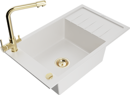 Mexen Elias zlewozmywak granitowy 1-komorowy z ociekaczem i baterią kuchenną Duero, biały - 6511-20-671600-50