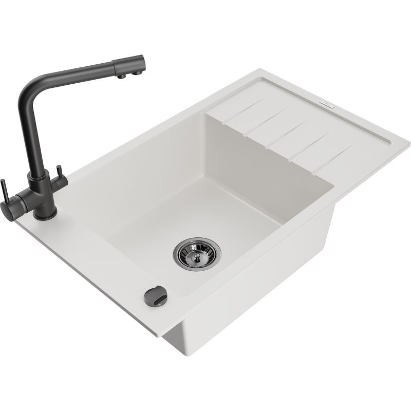 Mexen Elias zlewozmywak granitowy 1-komorowy z ociekaczem i baterią kuchenną Duero, biały - 6511-20-671600-70