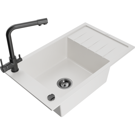 Mexen Elias zlewozmywak granitowy 1-komorowy z ociekaczem i baterią kuchenną Duero, biały - 6511-20-671600-70