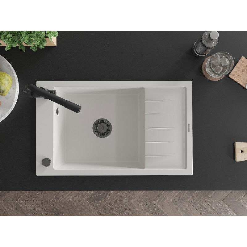 Mexen Elias zlewozmywak granitowy 1-komorowy z ociekaczem i baterią kuchenną Duero, biały - 6511-20-671600-70