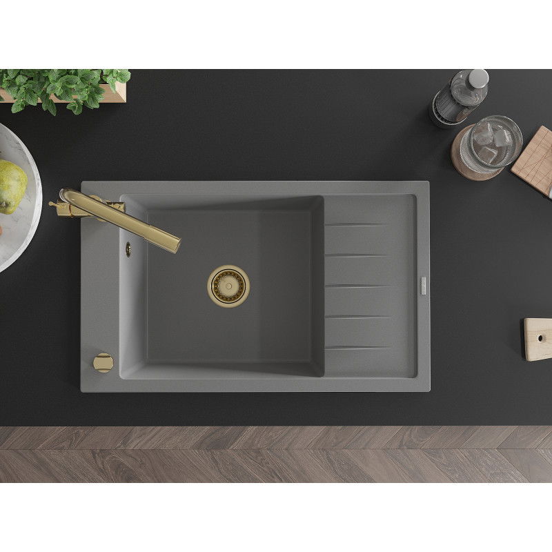 Mexen Elias zlewozmywak granitowy 1-komorowy z ociekaczem i baterią kuchenną Duero, szary - 6511-71-671600-50